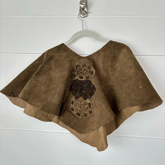 Handmade Vinatge Greenish Brown Suede Leather Poncho Topper - Picture 2 of 14
